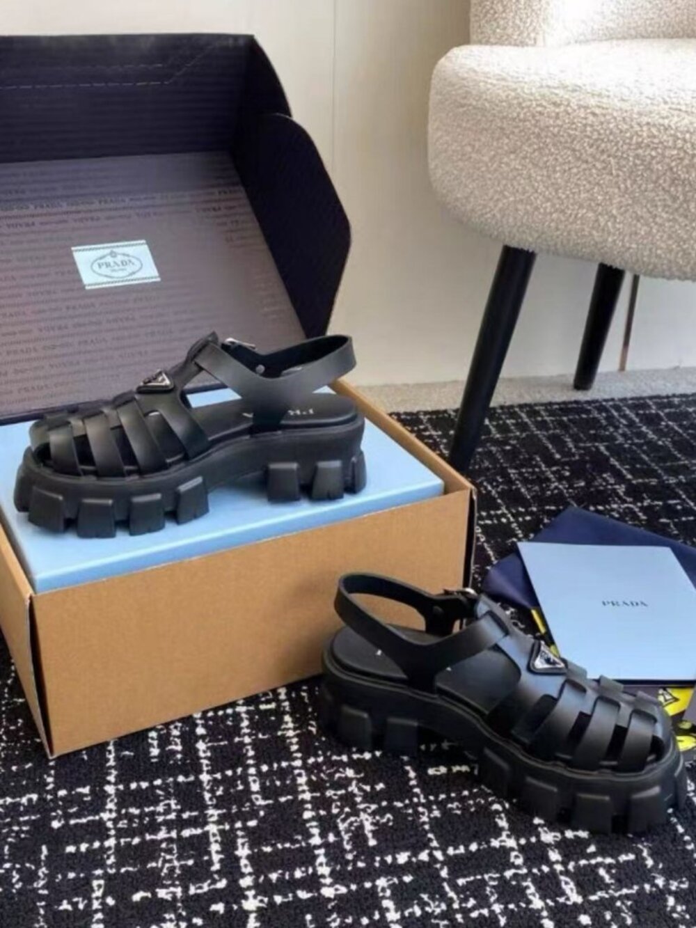 Prada Vintage Black Fisherman Cage Lug Sole Platform Sandals - Picture 4 of 9